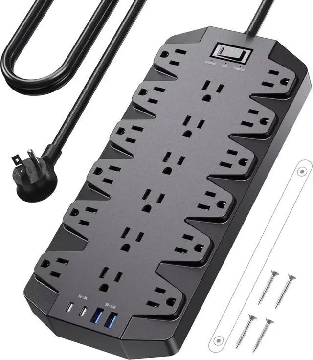 Main image of Surge Protector Power Strip, 18 AC Outlets with 4 USB Ports, 1875W/15A, 2100J, 6.5FT Flat Plug Heavy Duty Extension Cord with Wall Mount Holes for Home, Office, Gaming Room,Dorm, Black