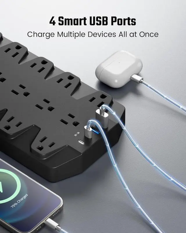 Alt view image 4 of 7 - Surge Protector Power Strip, 18 AC Outlets with 4 USB Ports, 1875W/15A, 2100J, 6.5FT Flat Plug Heavy Duty Extension Cord with Wall Mount Holes for Home, Office, Gaming Room,Dorm, Black