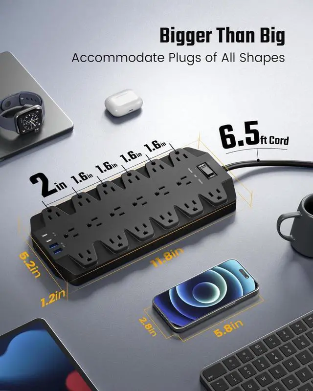 Alt view image 2 of 7 - Surge Protector Power Strip, 18 AC Outlets with 4 USB Ports, 1875W/15A, 2100J, 6.5FT Flat Plug Heavy Duty Extension Cord with Wall Mount Holes for Home, Office, Gaming Room,Dorm, Black