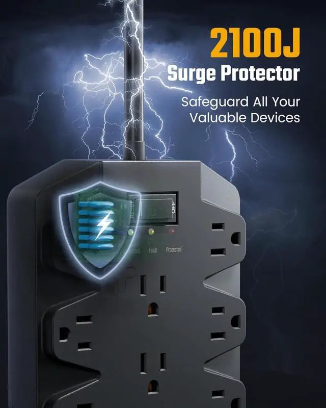 Alt view image 3 of 7 - Surge Protector Power Strip, 18 AC Outlets with 4 USB Ports, 1875W/15A, 2100J, 6.5FT Flat Plug Heavy Duty Extension Cord with Wall Mount Holes for Home, Office, Gaming Room,Dorm, Black