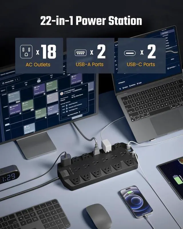 Alt view image 5 of 7 - Surge Protector Power Strip, 18 AC Outlets with 4 USB Ports, 1875W/15A, 2100J, 6.5FT Flat Plug Heavy Duty Extension Cord with Wall Mount Holes for Home, Office, Gaming Room,Dorm, Black