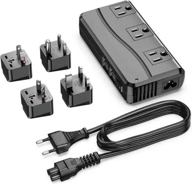 Main image of Universal Travel Adapter 100-220V to 110V Voltage Converter 250W with 6A 4-Port USB Charging 3 AC Sockets and EU/UK/AU/US/India Worldwide Plug Adapter (Black)