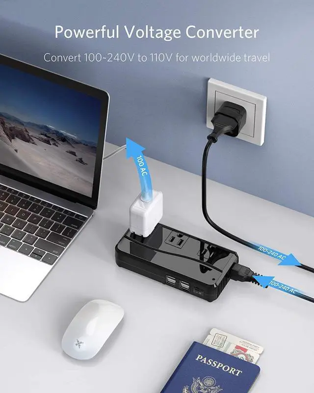 Alt view image 3 of 7 - Universal Travel Adapter 100-220V to 110V Voltage Converter 250W with 6A 4-Port USB Charging 3 AC Sockets and EU/UK/AU/US/India Worldwide Plug Adapter (Black)