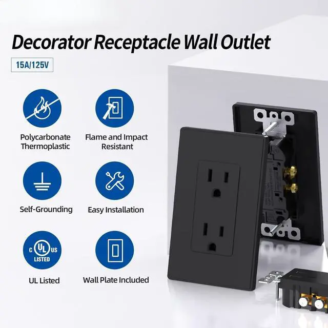 Alt view image 3 of 7 - Matte Black Standard Decorator Electrical Wall Receptacle Outlet, 15A 125V, 2 Pole 3 Wire, Non- Tamper Resistant, NEMA 5-15R, Self-Grounding, Wall Plate Included, UL Listed, 10 Pack