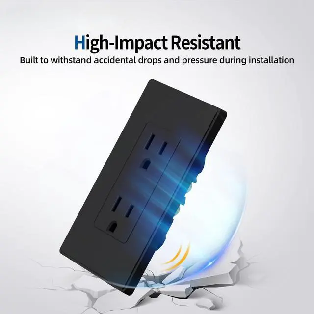 Alt view image 4 of 7 - Matte Black Standard Decorator Electrical Wall Receptacle Outlet, 15A 125V, 2 Pole 3 Wire, Non- Tamper Resistant, NEMA 5-15R, Self-Grounding, Wall Plate Included, UL Listed, 10 Pack