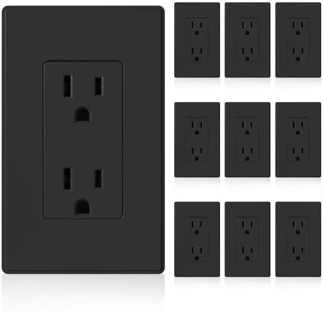Main image of Matte Black Standard Decorator Electrical Wall Receptacle Outlet, 15A 125V, 2 Pole 3 Wire, Non- Tamper Resistant, NEMA 5-15R, Self-Grounding, Wall Plate Included, UL Listed, 10 Pack