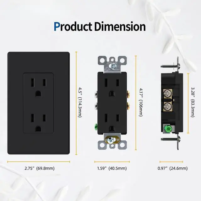 Alt view image 6 of 7 - Matte Black Standard Decorator Electrical Wall Receptacle Outlet, 15A 125V, 2 Pole 3 Wire, Non- Tamper Resistant, NEMA 5-15R, Self-Grounding, Wall Plate Included, UL Listed, 10 Pack