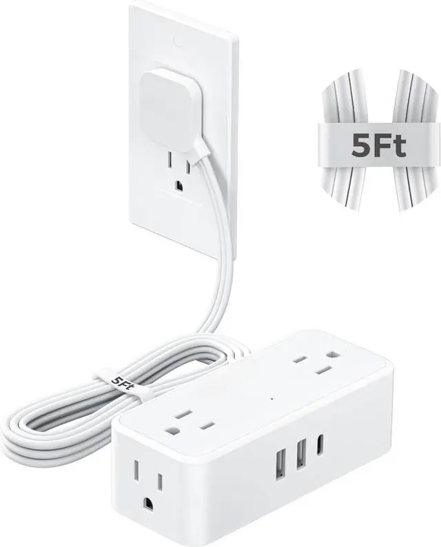 Main image of 5 FT White Extension Cord, 900J Surge Protector Small Power Strip with 3 USB Ports (1 USB C), Flat Plug Power Strip, Mini Charging Station Suitable for Home Office Dorm