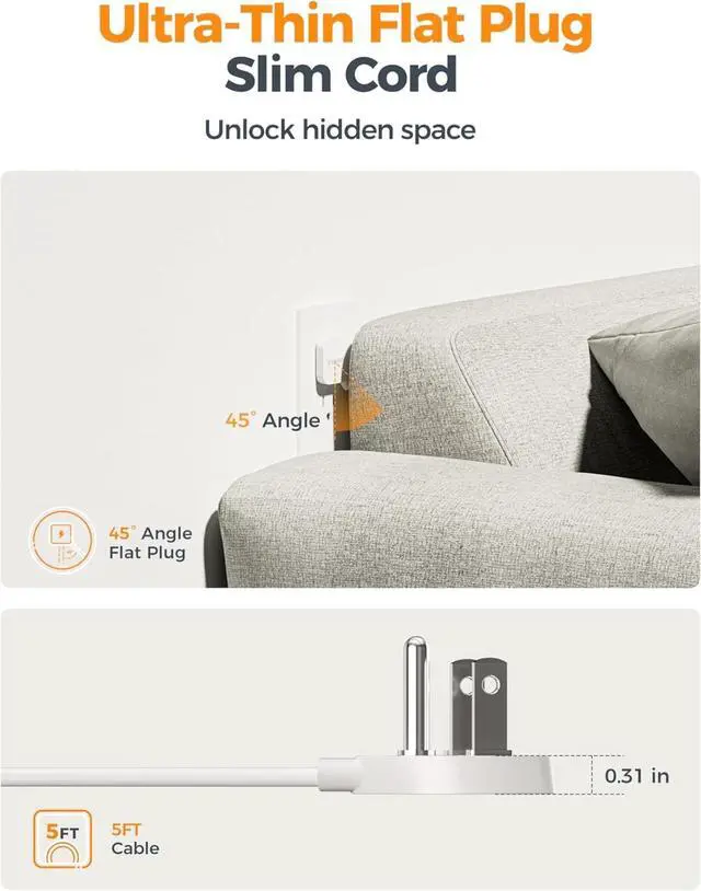 Alt view image 4 of 7 - 5 FT White Extension Cord, 900J Surge Protector Small Power Strip with 3 USB Ports (1 USB C), Flat Plug Power Strip, Mini Charging Station Suitable for Home Office Dorm
