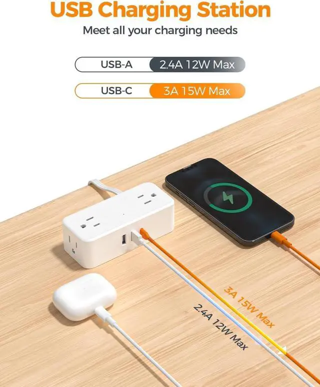 Alt view image 3 of 7 - 5 FT White Extension Cord, 900J Surge Protector Small Power Strip with 3 USB Ports (1 USB C), Flat Plug Power Strip, Mini Charging Station Suitable for Home Office Dorm