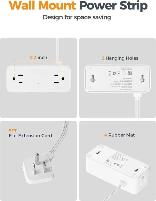 Alt view image 6 of 7 - 5 FT White Extension Cord, 900J Surge Protector Small Power Strip with 3 USB Ports (1 USB C), Flat Plug Power Strip, Mini Charging Station Suitable for Home Office Dorm