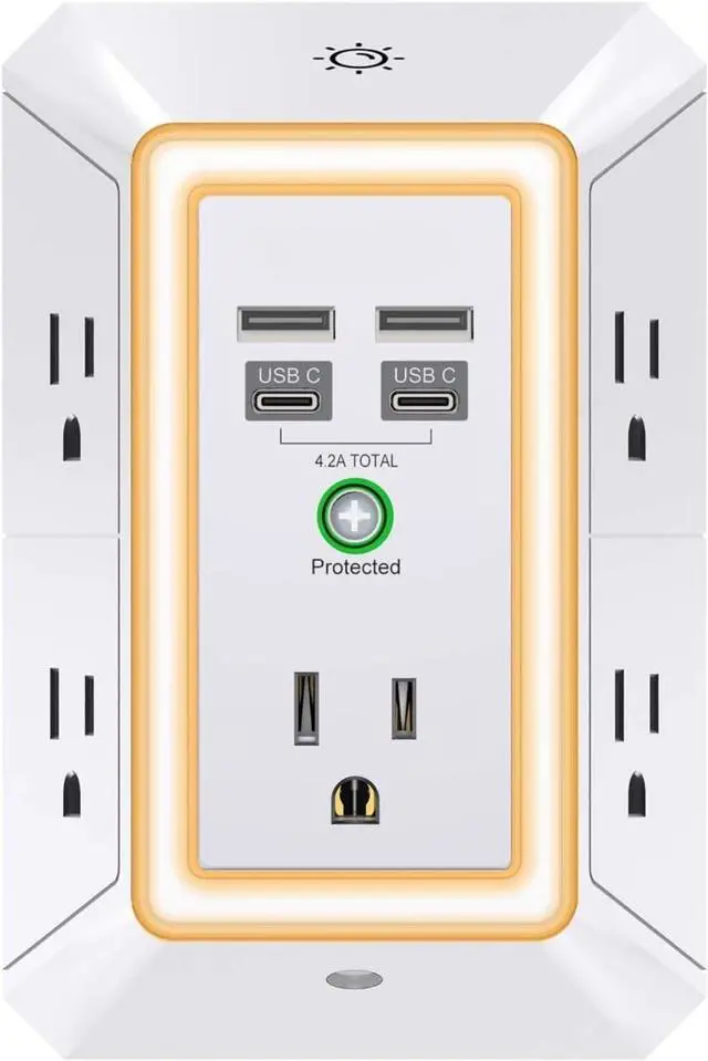 Main image of 3-Sided Outlet Extender with Night Light - Multi Plug Outlet with 5 Outlets and 4 USB Ports(2 USB-C), USB Wall Charger for Home, Office, Travel, ETL Listed, White