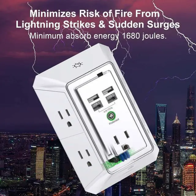 Alt view image 4 of 7 - 3-Sided Outlet Extender with Night Light - Multi Plug Outlet with 5 Outlets and 4 USB Ports(2 USB-C), USB Wall Charger for Home, Office, Travel, ETL Listed, White