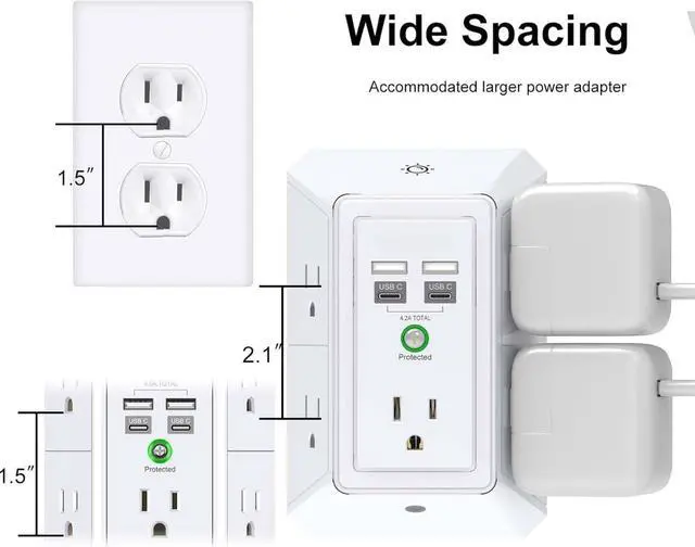 Alt view image 7 of 7 - 3-Sided Outlet Extender with Night Light - Multi Plug Outlet with 5 Outlets and 4 USB Ports(2 USB-C), USB Wall Charger for Home, Office, Travel, ETL Listed, White