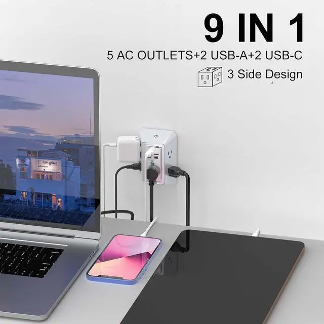 Alt view image 2 of 7 - 3-Sided Outlet Extender with Night Light - Multi Plug Outlet with 5 Outlets and 4 USB Ports(2 USB-C), USB Wall Charger for Home, Office, Travel, ETL Listed, White