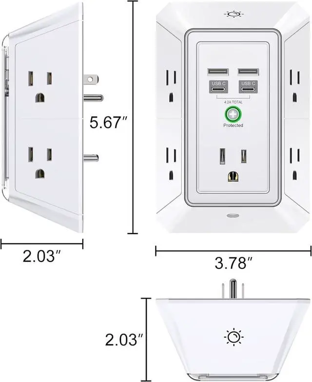 Alt view image 6 of 7 - 3-Sided Outlet Extender with Night Light - Multi Plug Outlet with 5 Outlets and 4 USB Ports(2 USB-C), USB Wall Charger for Home, Office, Travel, ETL Listed, White