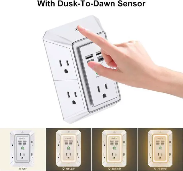 Alt view image 5 of 7 - 3-Sided Outlet Extender with Night Light - Multi Plug Outlet with 5 Outlets and 4 USB Ports(2 USB-C), USB Wall Charger for Home, Office, Travel, ETL Listed, White