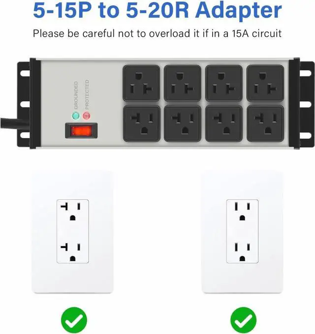 Alt view image 5 of 7 - FOR-2PCS Heavy Duty Power Strip Surge Protector 20 AMP, 8 Outlets 12 Gauge Industrial Shop Garage Metal Multiple Outlets, 6 FT Extension Cord 5-15P Adapter High Amp 6-20R T-Slot 20a for Appliance