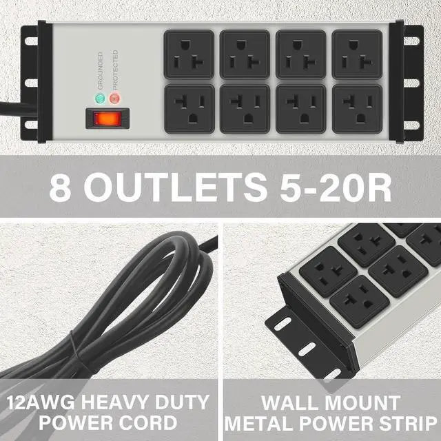 Alt view image 3 of 7 - FOR-2PCS Heavy Duty Power Strip Surge Protector 20 AMP, 8 Outlets 12 Gauge Industrial Shop Garage Metal Multiple Outlets, 6 FT Extension Cord 5-15P Adapter High Amp 6-20R T-Slot 20a for Appliance