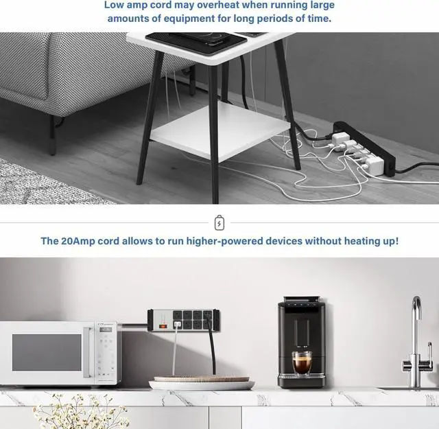 Alt view image 4 of 7 - FOR-2PCS Heavy Duty Power Strip Surge Protector 20 AMP, 8 Outlets 12 Gauge Industrial Shop Garage Metal Multiple Outlets, 6 FT Extension Cord 5-15P Adapter High Amp 6-20R T-Slot 20a for Appliance