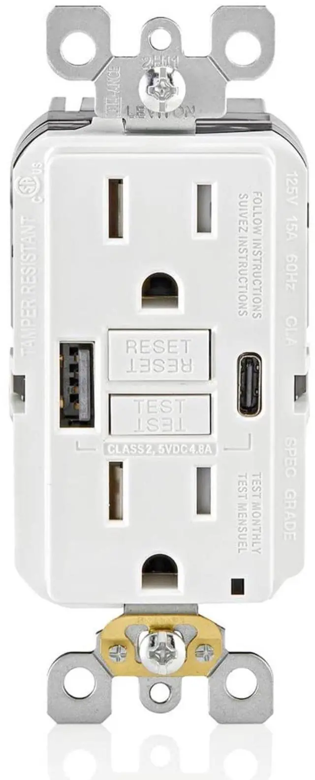 Main image of GUAC1-W 15A SmartlockPro Self-Test GFCI Combination with Type A & Type-C USB in-Wall, USB Charger for Smartphones and Tablets