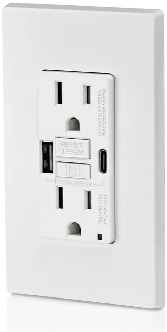 Alt view image 5 of 7 - GUAC1-W 15A SmartlockPro Self-Test GFCI Combination with Type A & Type-C USB in-Wall, USB Charger for Smartphones and Tablets