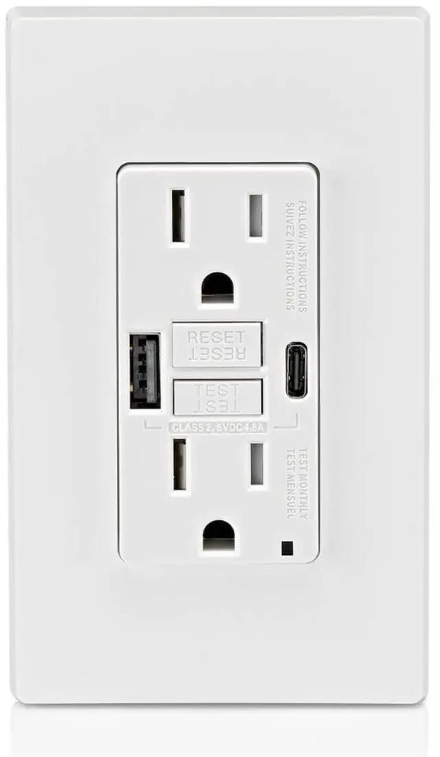 Alt view image 7 of 7 - GUAC1-W 15A SmartlockPro Self-Test GFCI Combination with Type A & Type-C USB in-Wall, USB Charger for Smartphones and Tablets