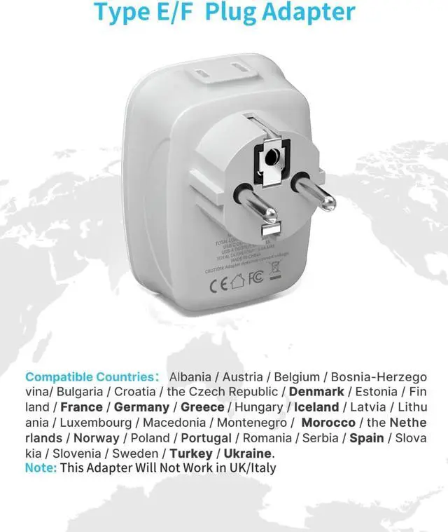 Alt view image 2 of 6 - 2 Pack Type E/F Plug Adapter, Schuko Germany France Adapter Plug,South Korea Outlet Adapter with 1 USB C,3 USB Ports and 2 Outlets, US to EU Spain Iceland Greece Paris German French Korea