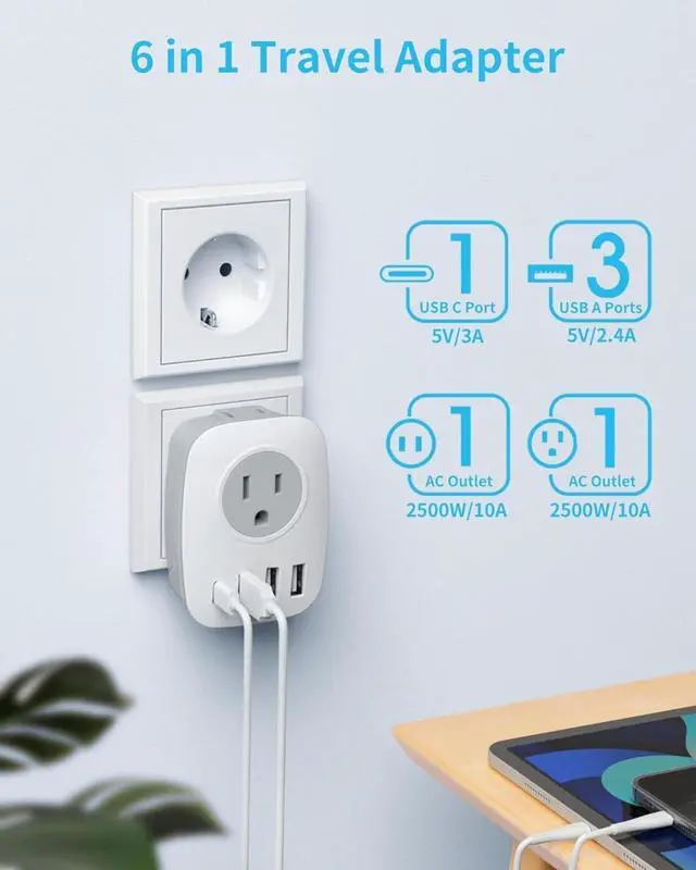 Alt view image 3 of 6 - 2 Pack Type E/F Plug Adapter, Schuko Germany France Adapter Plug,South Korea Outlet Adapter with 1 USB C,3 USB Ports and 2 Outlets, US to EU Spain Iceland Greece Paris German French Korea