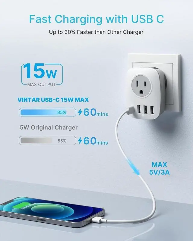 Alt view image 6 of 6 - 2 Pack Type E/F Plug Adapter, Schuko Germany France Adapter Plug,South Korea Outlet Adapter with 1 USB C,3 USB Ports and 2 Outlets, US to EU Spain Iceland Greece Paris German French Korea