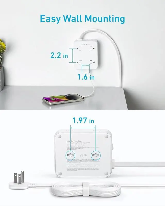 Alt view image 3 of 7 - Surge Protector Flat Plug Power Strip 2000J, 10ft Thin Extension Cord, 8 Outlets,2 USB A and 1 USB C Port,20W for iPhone15,Wall Mount,Compact for Home,Office,Room,TUV Listed
