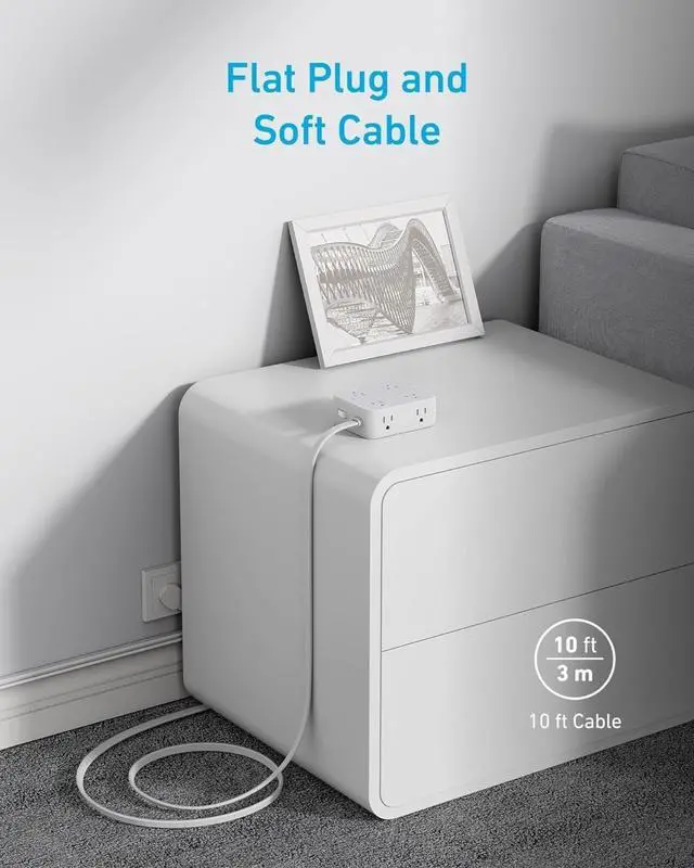 Alt view image 7 of 7 - Surge Protector Flat Plug Power Strip 2000J, 10ft Thin Extension Cord, 8 Outlets,2 USB A and 1 USB C Port,20W for iPhone15,Wall Mount,Compact for Home,Office,Room,TUV Listed