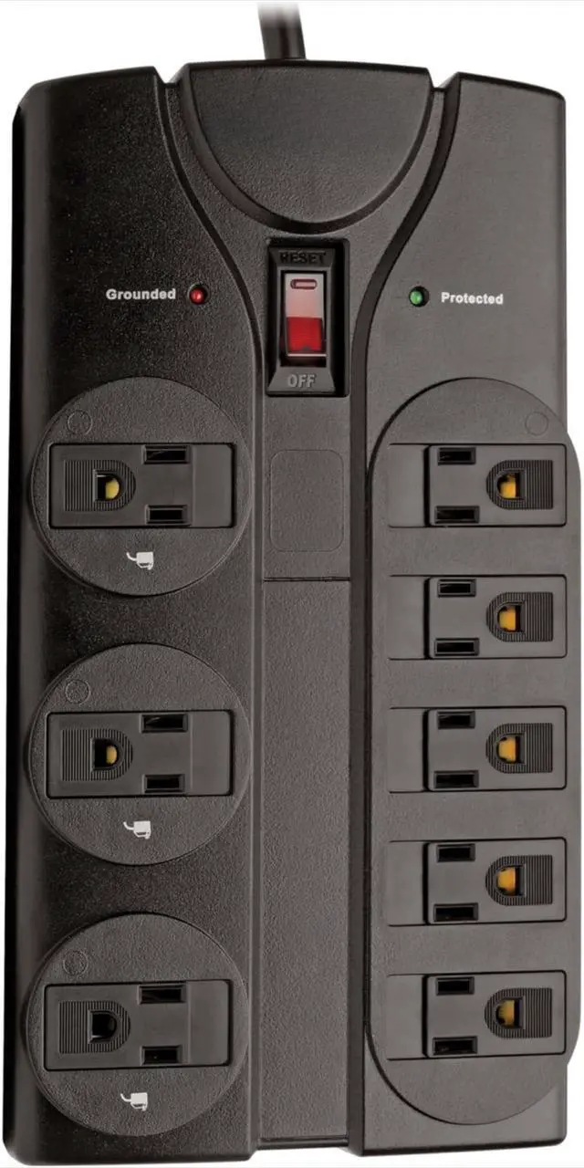 Alt view image 3 of 7 - TLP808B 8 Outlet Surge Protector Power Strip, 8ft Cord Right Angle Plug, Black, Lifetime Insurance