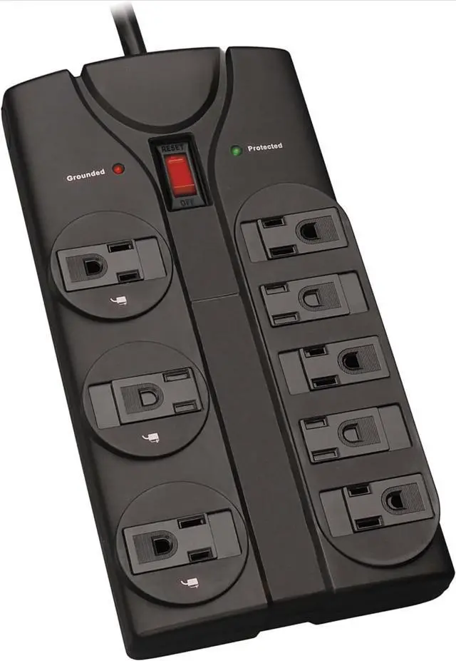 Main image of TLP808B 8 Outlet Surge Protector Power Strip, 8ft Cord Right Angle Plug, Black, Lifetime Insurance