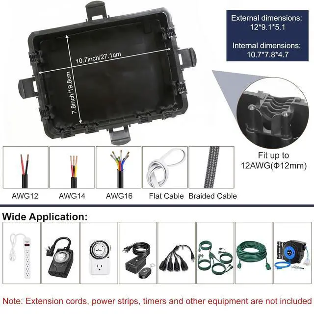 Alt view image 3 of 7 - Large Outdoor Electrical Box Waterproof, IP54 Extension Cord Cover Weatherproof Outdoor Outlet Covers, Protect Power Strip, Timer Outlet, Plug, Socket, Holiday Light, Black (12 x 9X 5 inch)