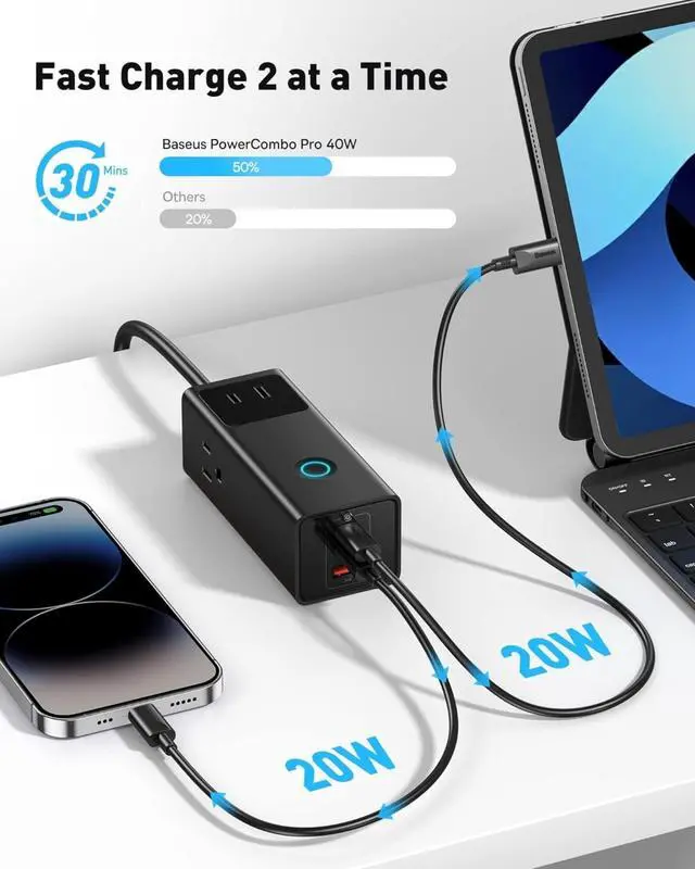 Alt view image 2 of 7 - FOR-Power Strip Surge Protector 1200J - PD40W USB C Charger Extension Cord with 3 AC Outlets & 3 USB Port Fast Charging Charging Station for Office Dorm Room Home