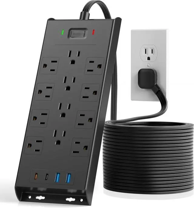 Main image of Surge Protector Power Strip 4800J, 15Ft Long Extension Cord Flat Plug, 12 Outlets 2 USB C 2 USB Ports, Wall Mountable, 20W Desk Charging Station, Black
