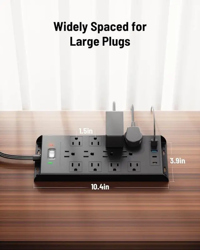 Alt view image 2 of 6 - Surge Protector Power Strip 4800J, 15Ft Long Extension Cord Flat Plug, 12 Outlets 2 USB C 2 USB Ports, Wall Mountable, 20W Desk Charging Station, Black