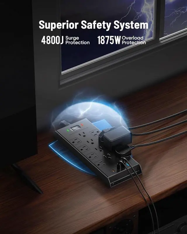 Alt view image 3 of 6 - Surge Protector Power Strip 4800J, 15Ft Long Extension Cord Flat Plug, 12 Outlets 2 USB C 2 USB Ports, Wall Mountable, 20W Desk Charging Station, Black