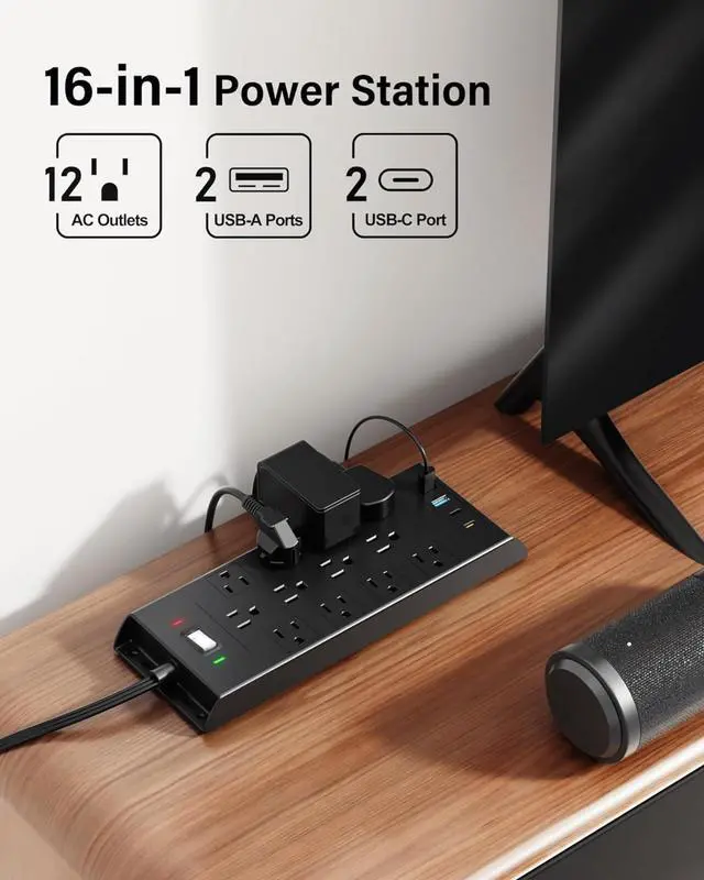 Alt view image 4 of 6 - Surge Protector Power Strip 4800J, 15Ft Long Extension Cord Flat Plug, 12 Outlets 2 USB C 2 USB Ports, Wall Mountable, 20W Desk Charging Station, Black