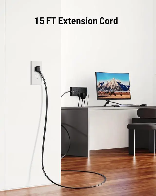 Alt view image 5 of 6 - Surge Protector Power Strip 4800J, 15Ft Long Extension Cord Flat Plug, 12 Outlets 2 USB C 2 USB Ports, Wall Mountable, 20W Desk Charging Station, Black