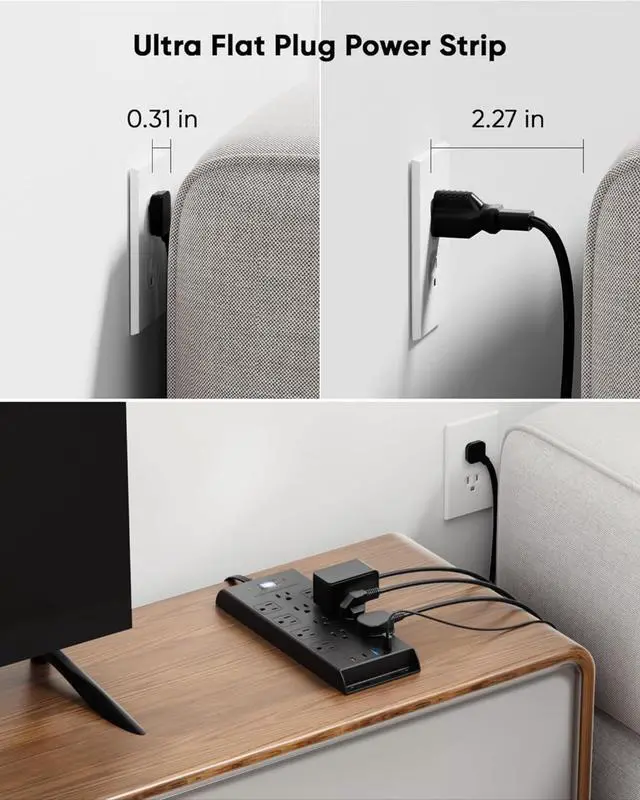 Alt view image 6 of 6 - Surge Protector Power Strip 4800J, 15Ft Long Extension Cord Flat Plug, 12 Outlets 2 USB C 2 USB Ports, Wall Mountable, 20W Desk Charging Station, Black