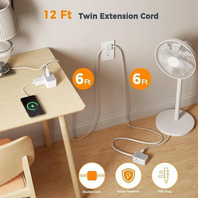Alt view image 2 of 6 - Twin Extension Cord 12 FT, Double Ended Flat Plug Surge Protector Power Strip, 3 Non Blocking Outlets 6 Feet Power Splitter Each Side, Dual Split Outlet Extension for Home Office Dorm Room