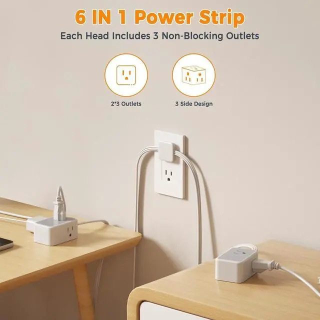 Alt view image 3 of 6 - Twin Extension Cord 12 FT, Double Ended Flat Plug Surge Protector Power Strip, 3 Non Blocking Outlets 6 Feet Power Splitter Each Side, Dual Split Outlet Extension for Home Office Dorm Room