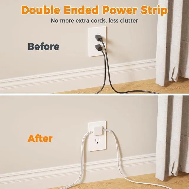 Alt view image 4 of 6 - Twin Extension Cord 12 FT, Double Ended Flat Plug Surge Protector Power Strip, 3 Non Blocking Outlets 6 Feet Power Splitter Each Side, Dual Split Outlet Extension for Home Office Dorm Room