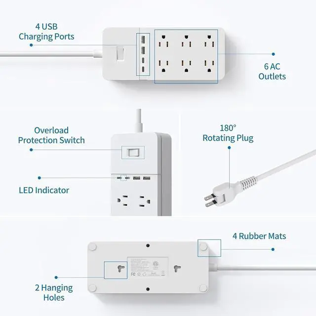 Alt view image 3 of 7 - 2 Prong Power Strip with 10ft Extension Cord, 2100J Surge Protector 1875W with 6 Outlets 4 USB Ports (2 USB C), 3 Prong Outlet Adapter, Wall Mount for Non-Grounded Plug, Ideal for Old House