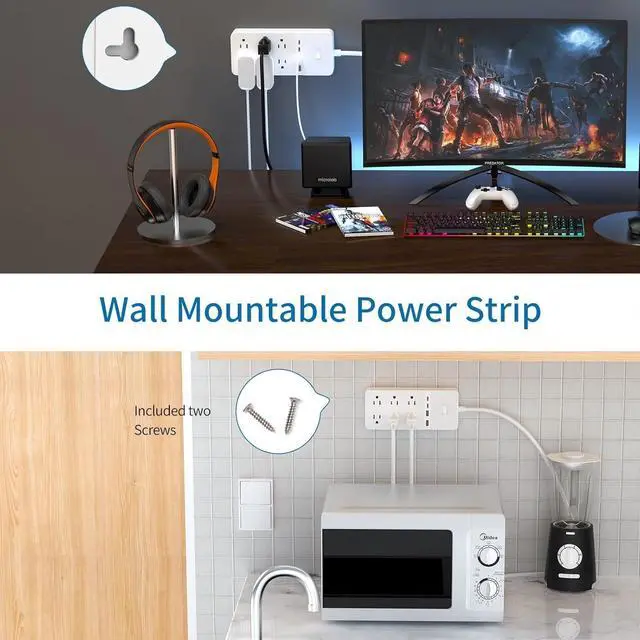 Alt view image 4 of 7 - 2 Prong Power Strip with 10ft Extension Cord, 2100J Surge Protector 1875W with 6 Outlets 4 USB Ports (2 USB C), 3 Prong Outlet Adapter, Wall Mount for Non-Grounded Plug, Ideal for Old House