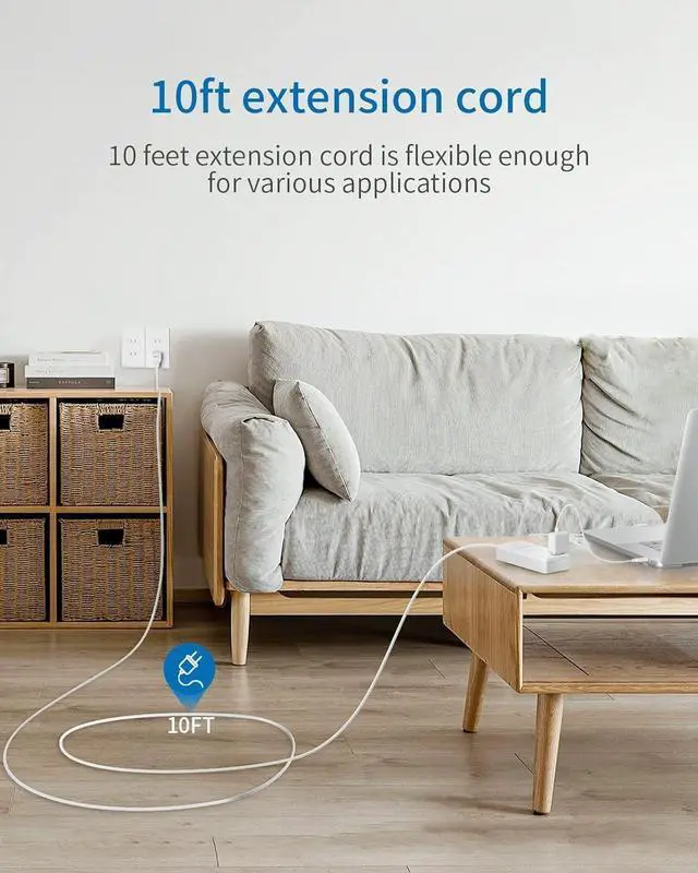 Alt view image 6 of 7 - 2 Prong Power Strip with 10ft Extension Cord, 2100J Surge Protector 1875W with 6 Outlets 4 USB Ports (2 USB C), 3 Prong Outlet Adapter, Wall Mount for Non-Grounded Plug, Ideal for Old House