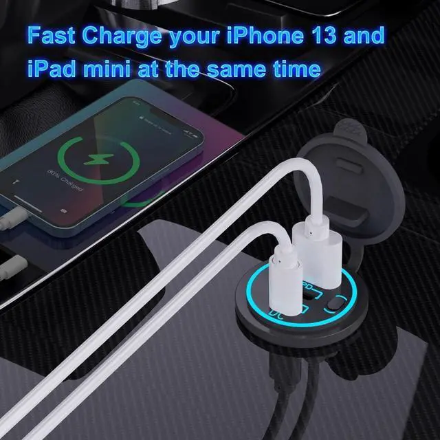 Alt view image 3 of 7 - 2 Pack 12V USB Outlet Wired Charger Multi Port, Dual PD3.0 USB-C and Quick Charge 3.0 Car Port Socket with Power Switch, Fast Charger for Cell Phone Tablet, Suitable for Car Boat RV Marine ATV