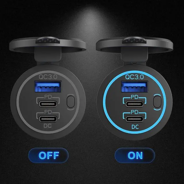 Alt view image 4 of 7 - 2 Pack 12V USB Outlet Wired Charger Multi Port, Dual PD3.0 USB-C and Quick Charge 3.0 Car Port Socket with Power Switch, Fast Charger for Cell Phone Tablet, Suitable for Car Boat RV Marine ATV